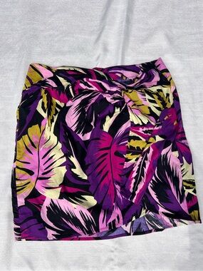 Floral Leaf Print Purple-Pink Midi Skirt